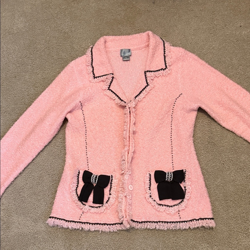 Berek Coquette Pink Knit 90’s Vintage Sweater Jacket with Bows